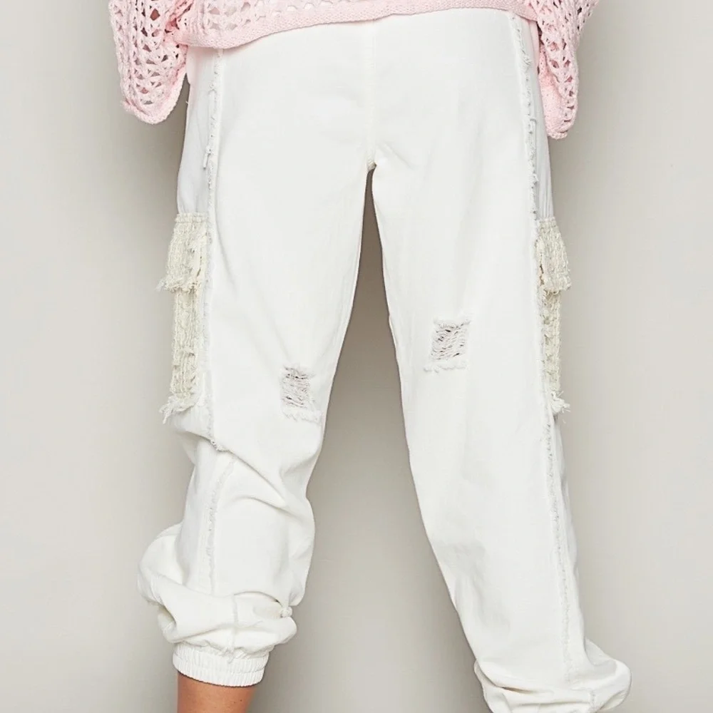 New POL Clothing Denim Lace Joggers Women's Distressed Relaxed WhiteTwill Pants - Picture 4 of 11